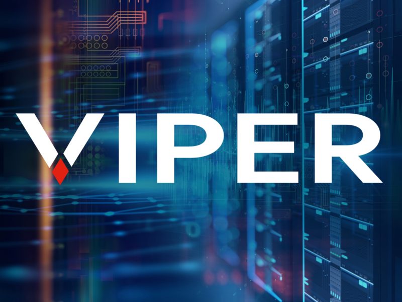 Abstract blue, orange and pink abstract illustrating a data centre with VIPER logo.