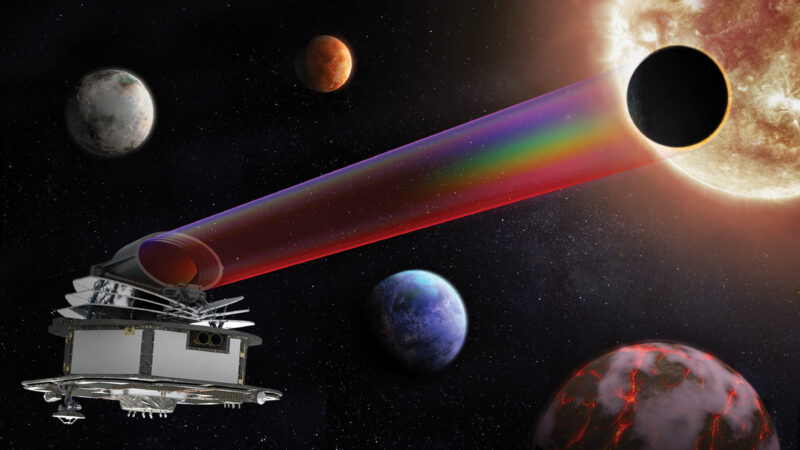 Artist's impression of the European Space Agency's Ariel spacecraft viewing an exoplanet