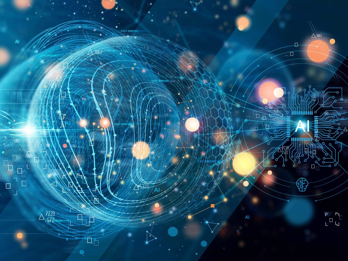 graphic illustrating artificial intelligence with AI in text and blue circles