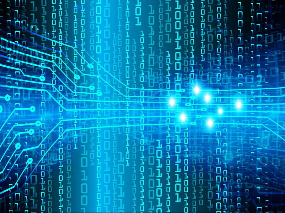 Graphic with blue binary numbers zero and one in lines