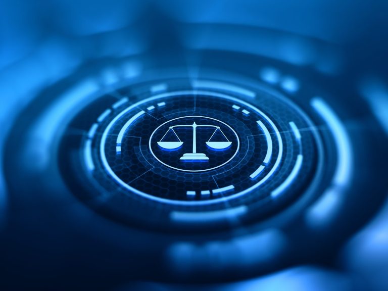 Graphical image of set of balance scales in blue concentric circles