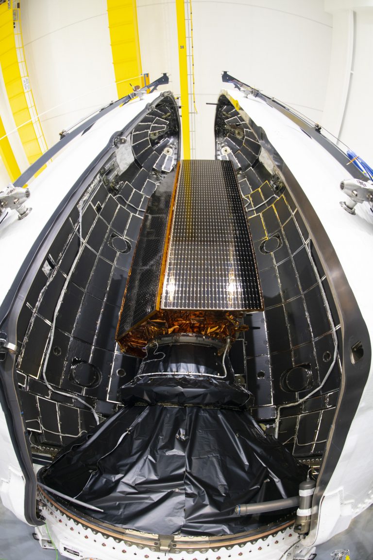 Copernicus Sentinel-6 Michael Freilich as it is sealed from view within the two half-shells of its Falcon 9 rocket fairing.