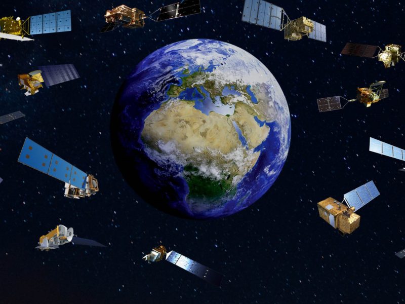 Graphic showing images of various Earth observation satellites orbiting the Earth. Image copyright ESA