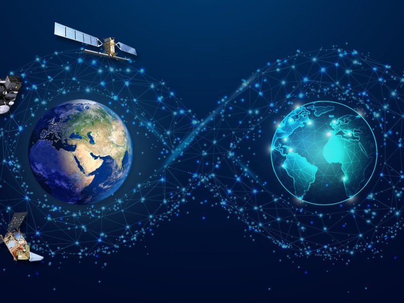 Graphic illustrating ESA's Destination Earth with satellite orbiting a real Earth and a digital model
