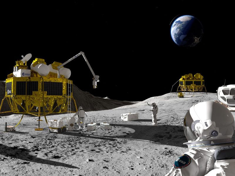 Illustration of astronauts and spacecraft on the Moon
