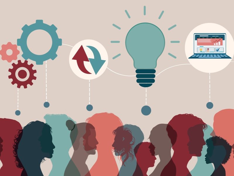 Illustration of a row of heads with a series of icons above illustrating exchange of ideas