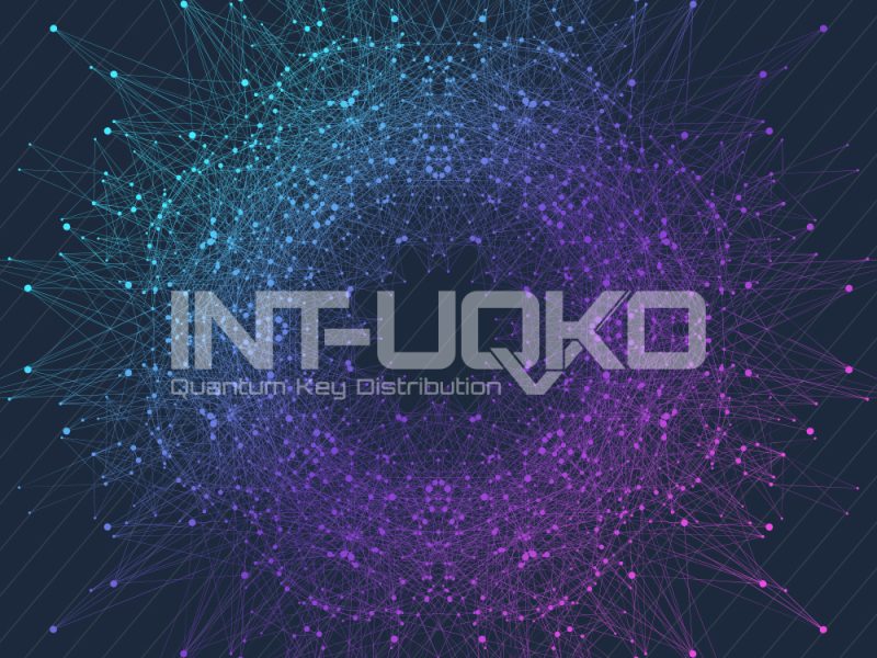 Black, blue and purple graphic with circle of interconnecting dots and lines, with INT-UQKD project logo in white
