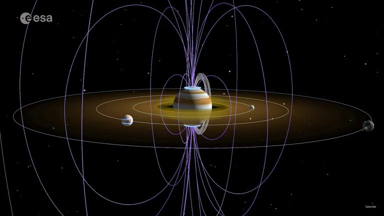 Jupiter and its moons, with lines indicating Jupiter's magnetosphere