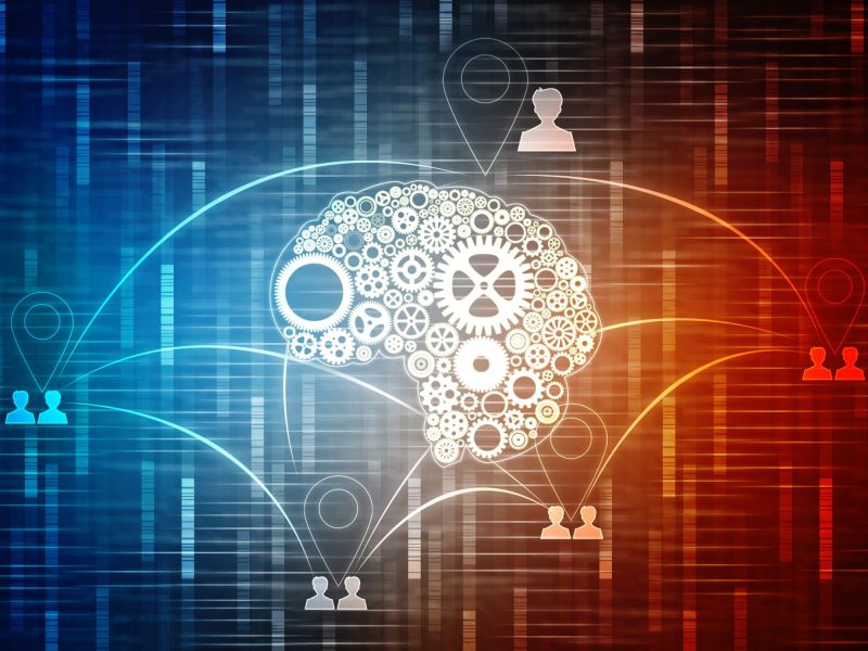 red and blue graphic of a brain made of cogs