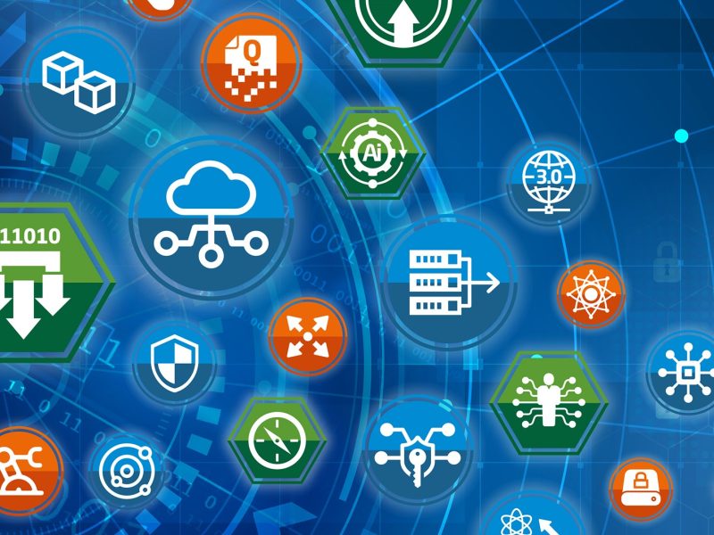 RHEA Group competence areas icons on a blue patterned background