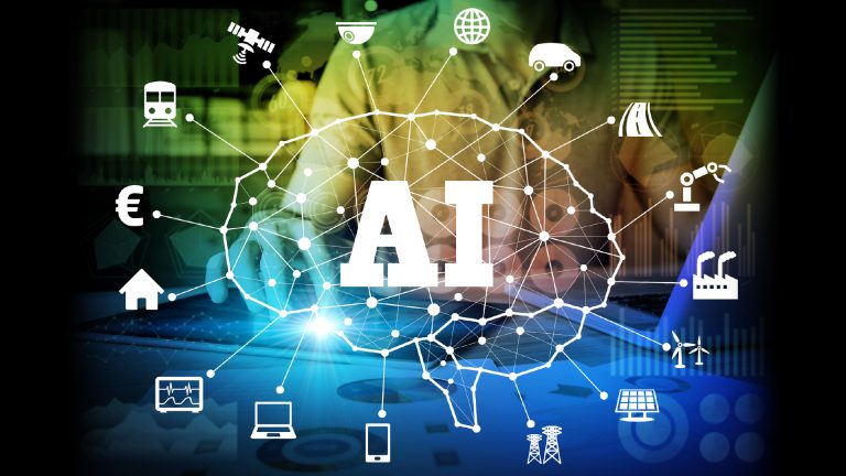 Illustration of a brain with the letters AI on top and icons representing space, security, various critical infrastructures and technologies around the edge, to show areas that artificial intelligence can be used for.