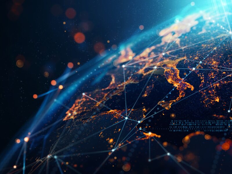 Europe seen from space with lines indicating communications