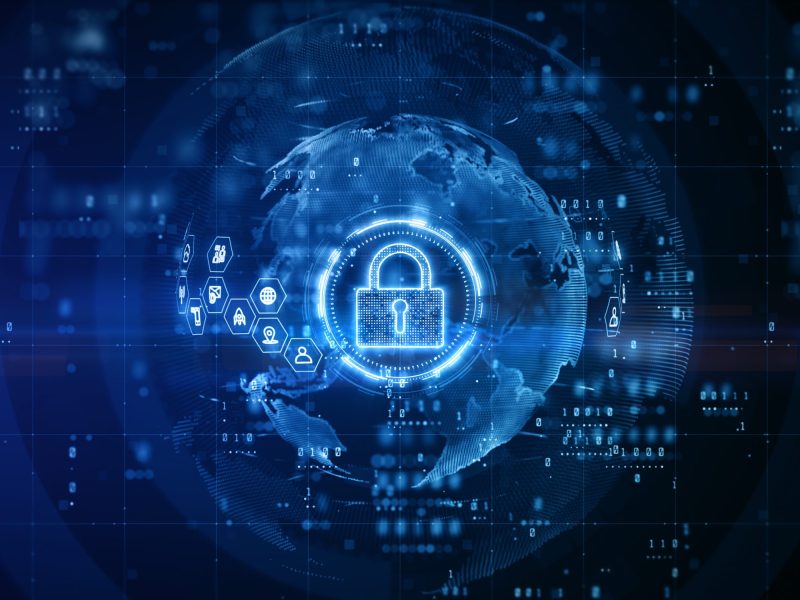 graphic of a blue padlock and globe illustrating security