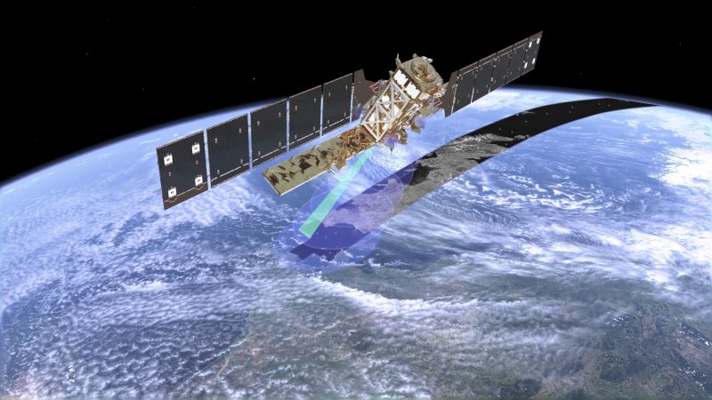 Artist's impression of a Sentinel-1 satellite detecting maritime traffic