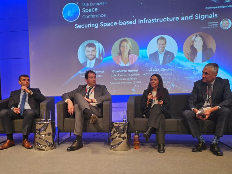 Four people sitting on a stage at the European Space Conference 2026 including Silvia de Castro Garcia from Starion