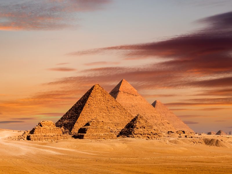 Sunset view of Pyramid complex of Giza, in Cairo, Egypt