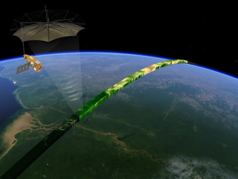 Artist's impression of the Biomass satellite scanning forests on Earth