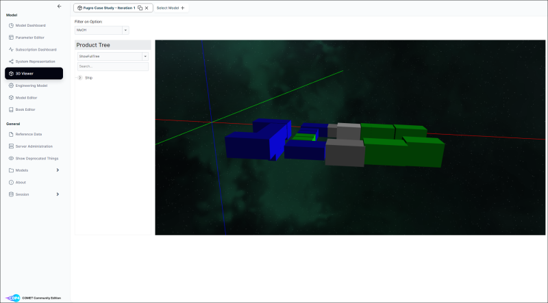 Screenshot of Starion's CDP4-COMET 3D viewer showing model developed to aid design of conversion of a ship to green fuel