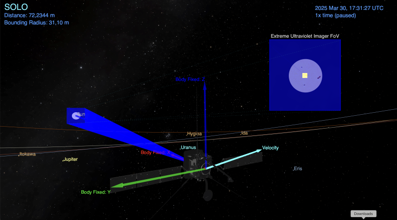 Image of Solar Orbiter spacecraft near Venus showing the view from one of its instruments, taken from the Cosmographia visualisation tool
